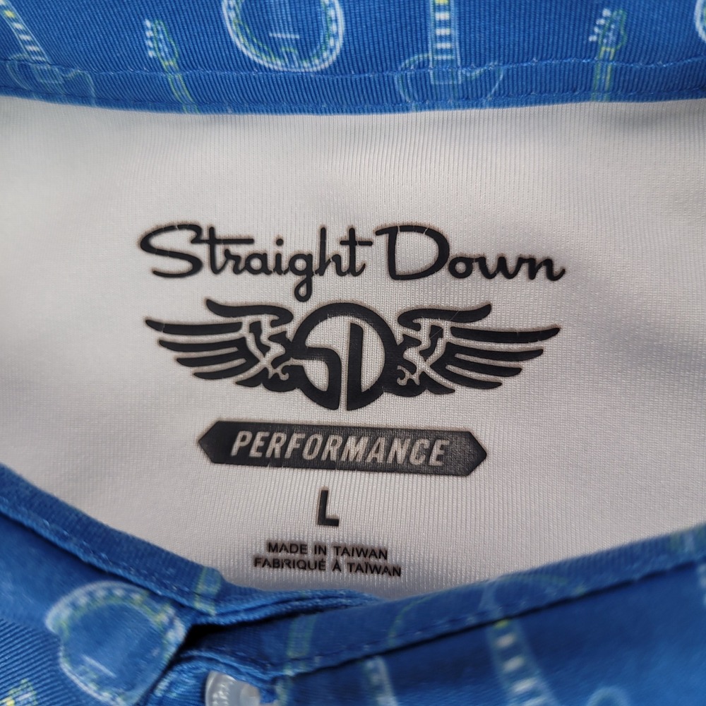 Straight Down Performance Polo Shirt Mens L Blue Guitar Banjo Print Golf Logo - Picture 2 of 9